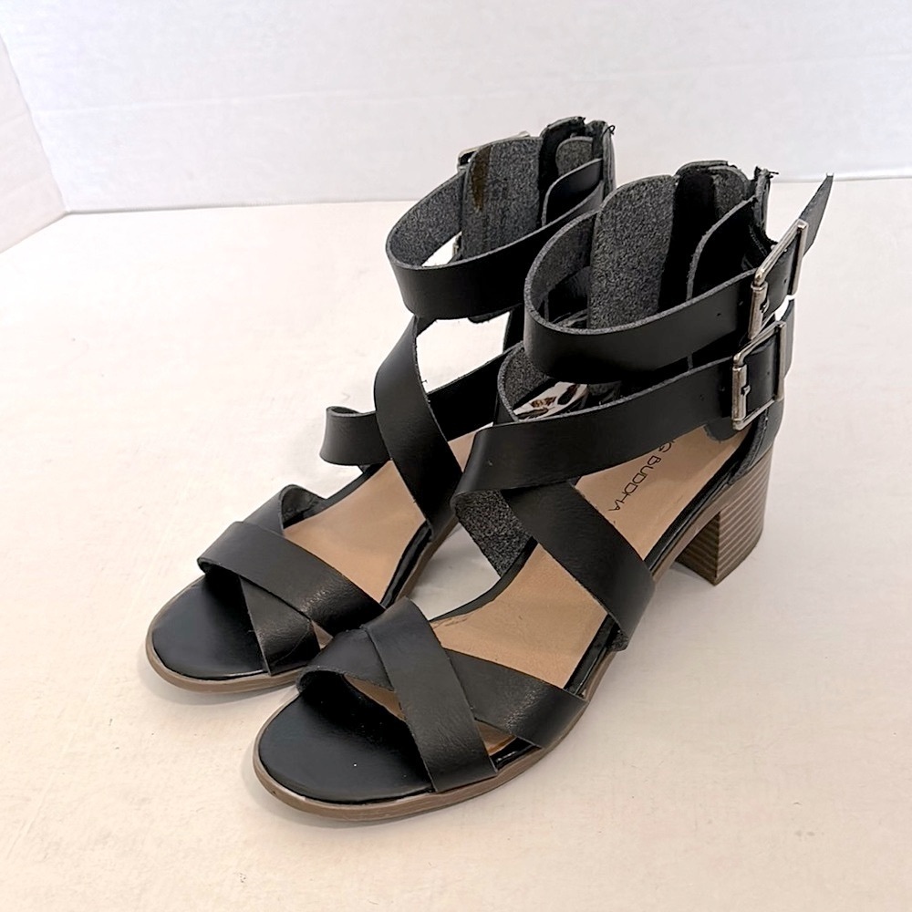BIG BUDDHA Black Vegan Leather Block Heel Strappy Sandals 7 Black - Picture 6 of 13
